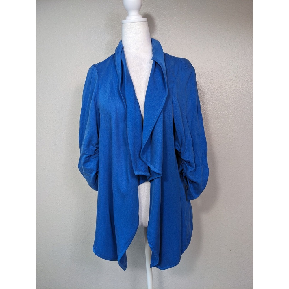 Karen Kane Blue Drape Open Front Blazer Jacket Size M 100 Tencel Made In USA N26